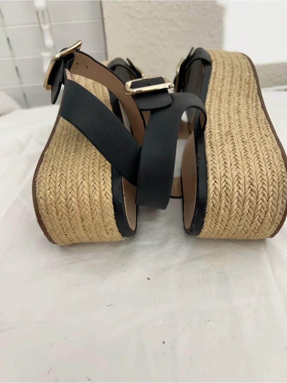 27 EDIT Black Platform Espadrille Sandals with Gold Buckles